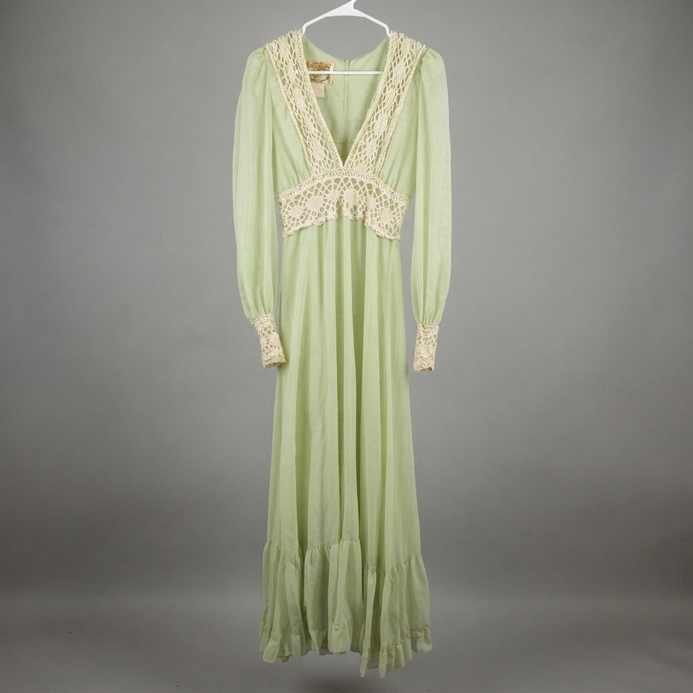 Gunne Sax by Jessica sage green Prairie Maxi Dress 70s Vintage Lace Cottage 11 - Picture 3 of 11